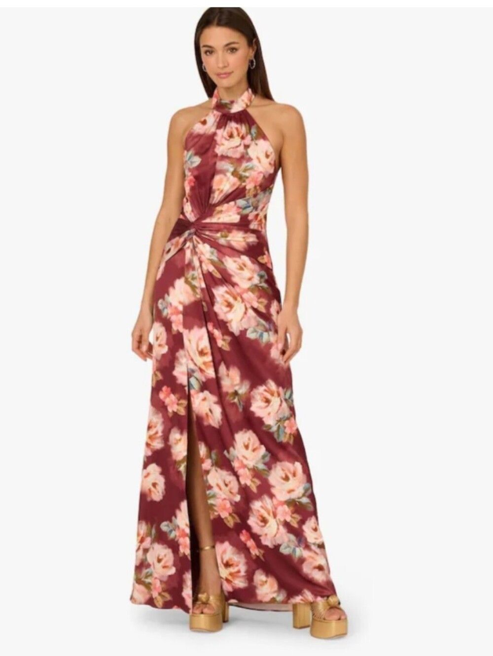 Adrianna Papell NWT Size 6 Burgundy Floral Satin Halter Maxi Dress $298 Luxury